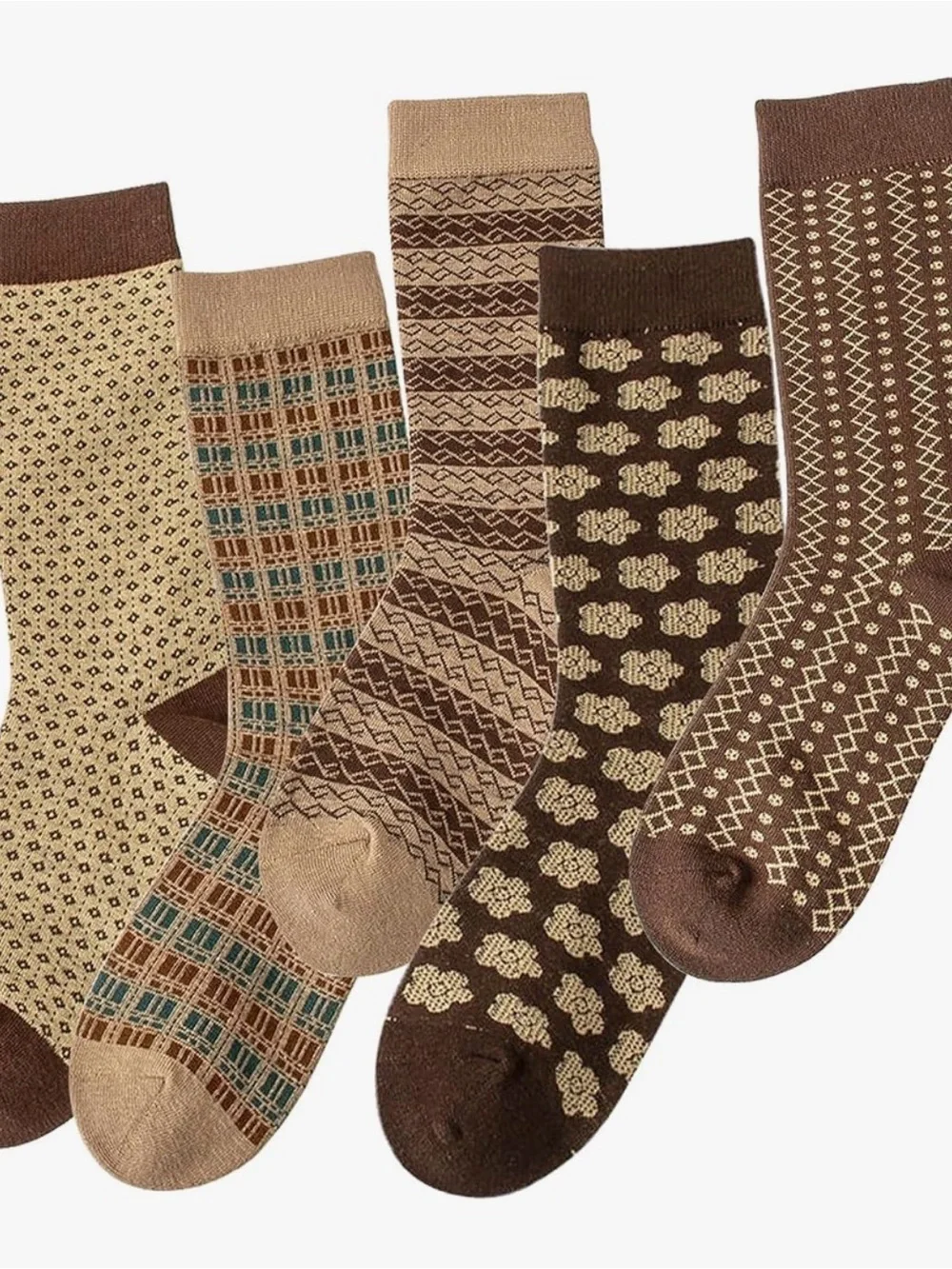 NEW Fall 🍂🍁Patterned Crew Socks - Brown & Tan (5-Pairs)